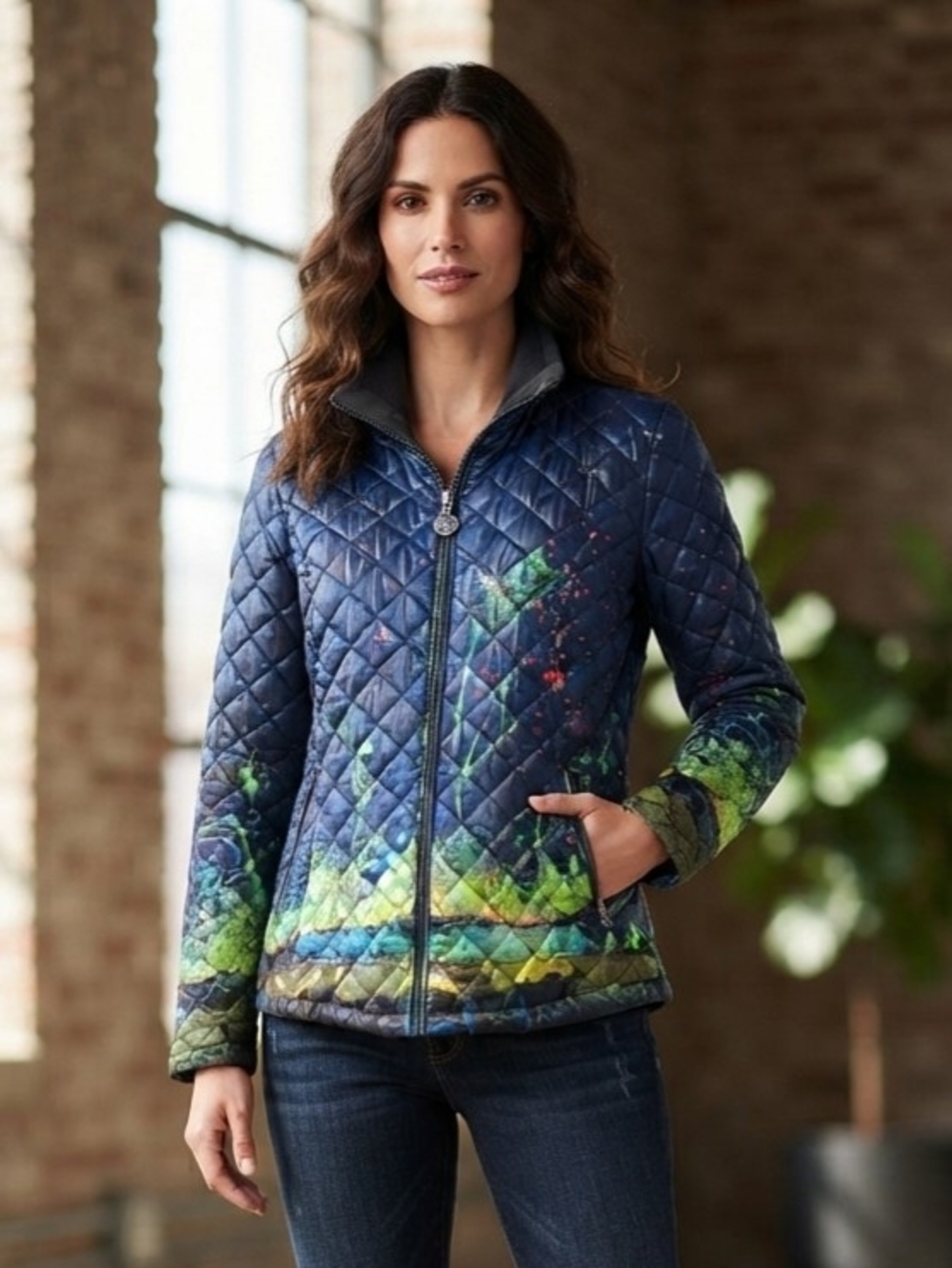 Dolcezza Quilted Navy Blue Multi-Color Women's Puffer Jacket Size Med
